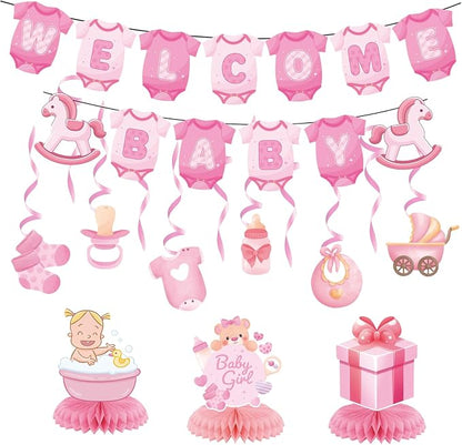 Baby Shower Decorations for Girl- Baby Shower Banner Pink Paper Welcome Baby by Rujor