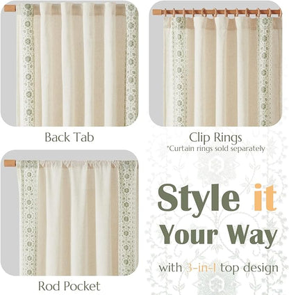 jinchan Floral Linen Curtains Embroidered Back Tab 50x84in 2 Panels Sage | - Image 7