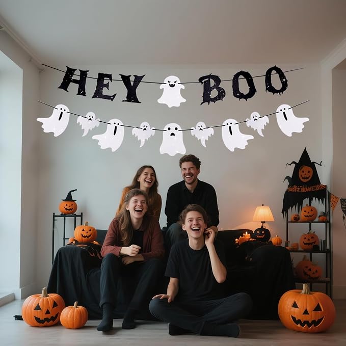 Ghost Banner Hey Boo Halloween Decorations, Pre-Strung Glitter Halloween Banner - Image 6