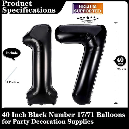 Black 17 Number Balloons, 40 Inch Giant Number 17 Balloons Foil Mylar Helium - Image 2