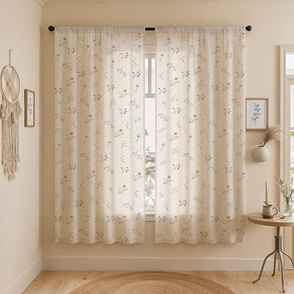 Floral Embroidered Light Filtering Curtains 72 Inch 2 Panels | Linen Blend by Unknown