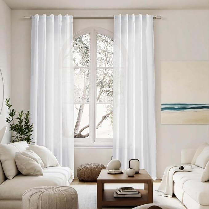 Linen White Curtains 120 Inches Long 2 Panels Set Back Tab Rod Pocket Semi - Image 7