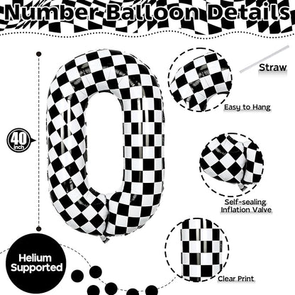 40 Inch Black and White Checkered 0 Balloon, Foil Number 0 Balloons Decor - Image 2
