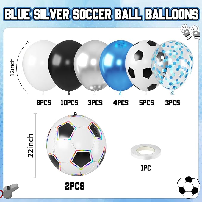 Biapian Soccer Balloons, Metallic Blue Silver Balloons - Image 2