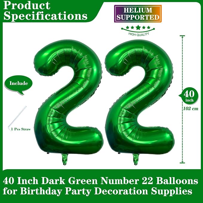 Dark Green 22 Number Balloons, 40 Inch Giant Number 22 Balloons Foil Mylar - Image 2