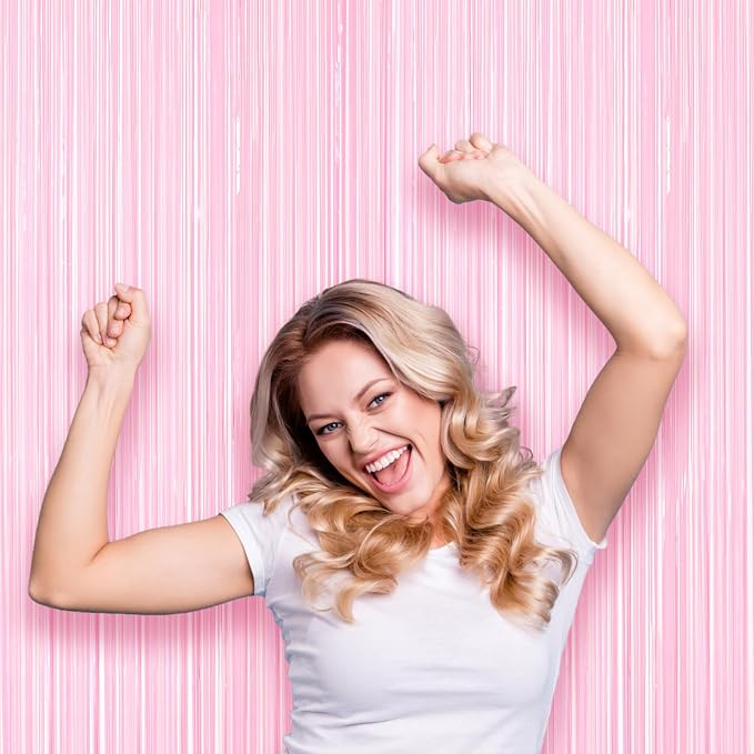 Voircoloria Pastel Pink Foil Fringe Backdrop Curtains, 3 Pack | Tinsel Streamers - Image 7