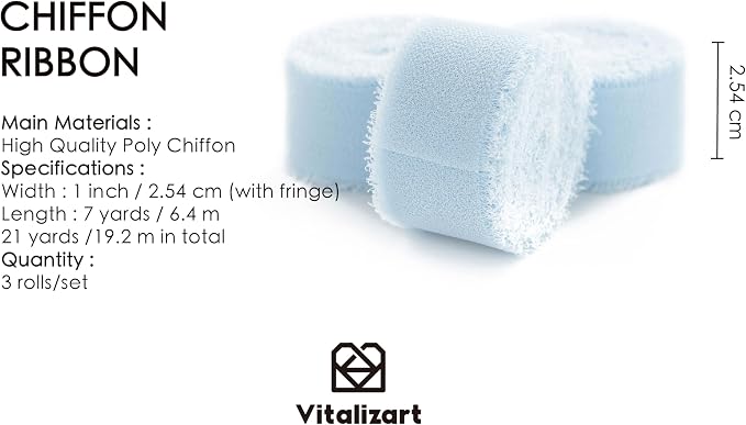 Vitalizart Baby Blue Chiffon Silk Ribbon 1" x 21 Yd Fringe Fabric Package - Image 2