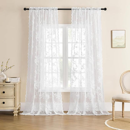 SEEKRIGHT White Lace Curtains 63 Inch Length 2 Panels Set Victorian Floral - Image 2