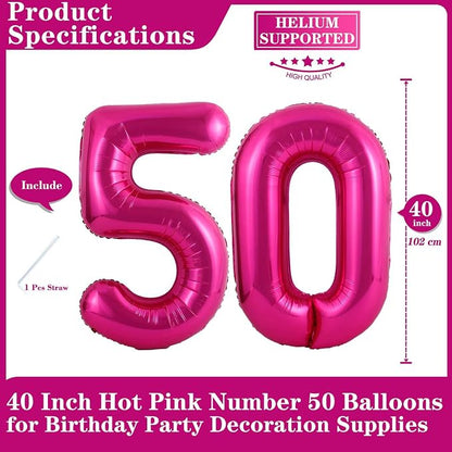 Hot Pink 50 Number Balloons, 40 Inch Giant Number 50 Balloons Foil Mylar Helium - Image 2