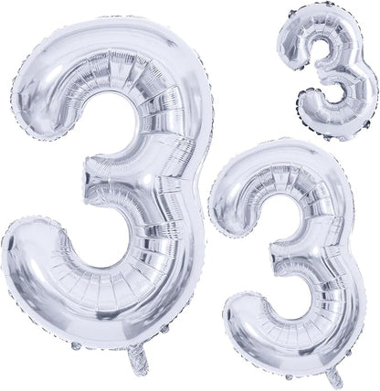 Silver Foil Balloons Number 3, Huge Number Balloons by GOER