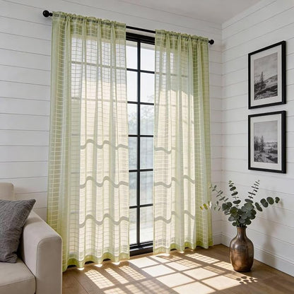 SpaceDresser Check Sheer Curtains 63 Inches 2 Panels Set, Rod Pocket Plaid - Image 4