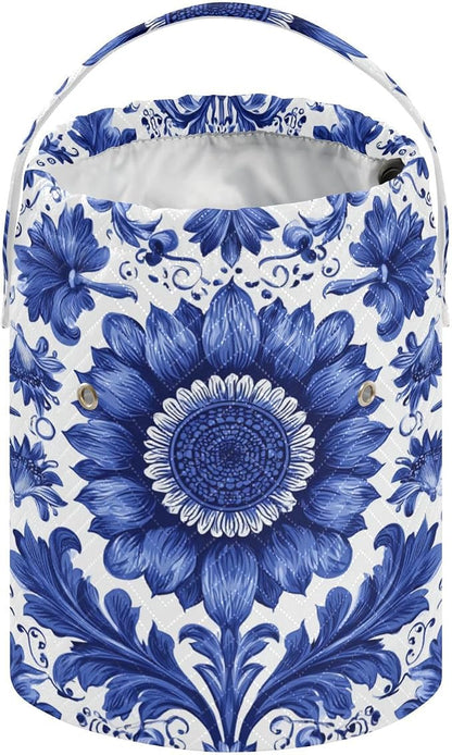 Sunflowers Blue and White Leaves Yarn Bag Small Crochet Bag Drawstring Yarn - Image 2