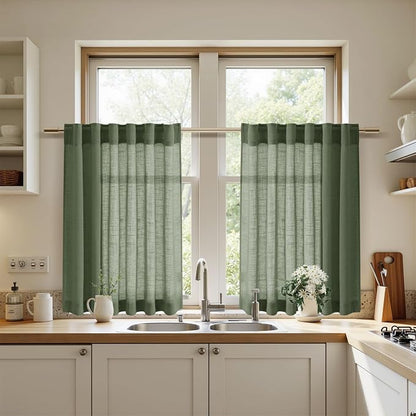 Olive Green Linen Curtains 30 Inch Length Short Kitchen, Semi Sheer Boho Cafe - Image 7