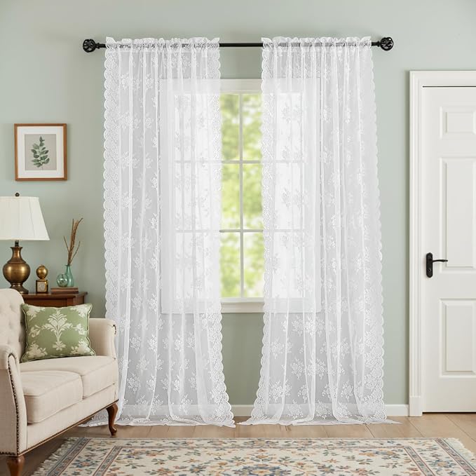 Kotile White Lace Curtains for Living Room Rustic Floral 52x72 in, 2 Panels | by Kotile+Curtains