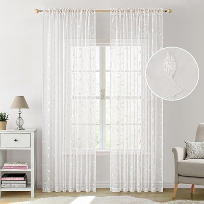 MIULEE White Sheer Curtains 2 Panels Embroidered Leaf Patterned, W52 x L84 | - Image 2