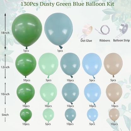 130Pcs Sage Green Dusty Blue Balloon Garland Arch Kit, - Image 2