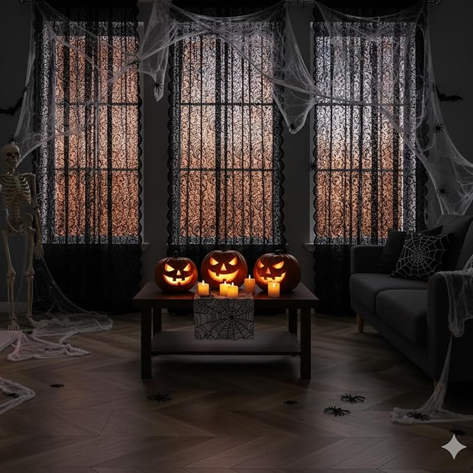Bujasso Black Lace Sheer Curtains 102 inch Vintage Floral Sheer Window Curtain - Image 8