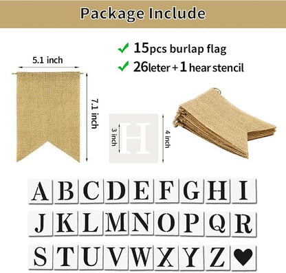 15pcs Burlap Banner Handwriting Banner Kit-Include Letters and heart Stencil - Image 3