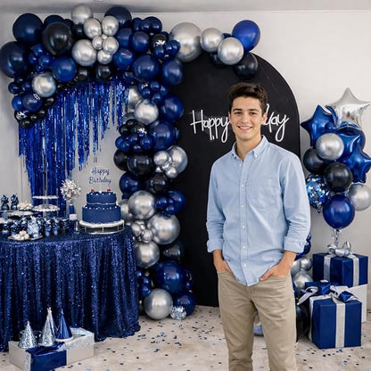Navy Blue and Black Balloons, 12 Inch Metallic Dark Navy Blue and Silver - Image 7
