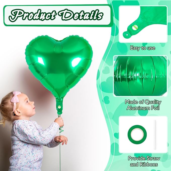12 Pcs Green Heart Balloons, 18 Inch Heart Foil Balloons Love Balloon Valentine - Image 5