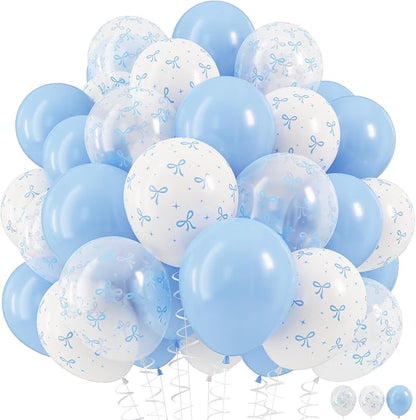 HILAVO Blue Bow Balloons, 12 Inch Pastel Light Blue Transparent White Bow Print by HILAVO