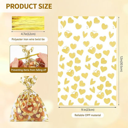 COQOFA 50 Pcs 9X12 IN Gold Heart Cello Cellophane Treat Bags - Image 2