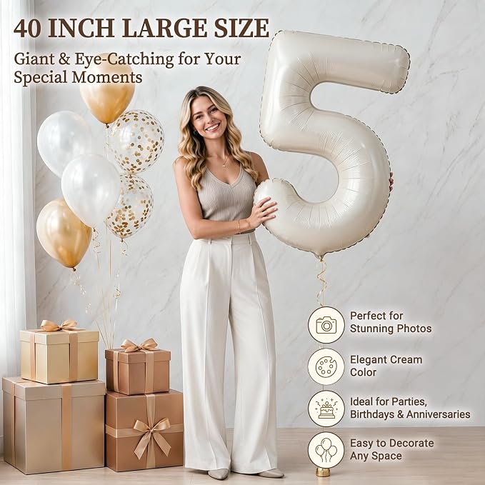 CARGEN 40 Inch Creamy White Number 5 Balloon Boho Neutral Party Decoration | - Image 2