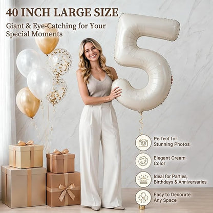 CARGEN 40 Inch Creamy White Number 5 Balloon Boho Neutral Party Decoration | - Image 2