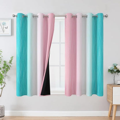 Pink and Teal Blackout Curtains 45 Inch Length, Full Light Blocking Gradient by ESTELARTEXTILER