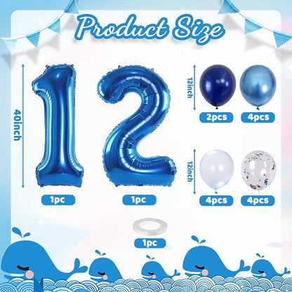 Navy Blue 12th Birthday Giant Self Inflating Number 12 Balloon, Metallic Dark - Image 2