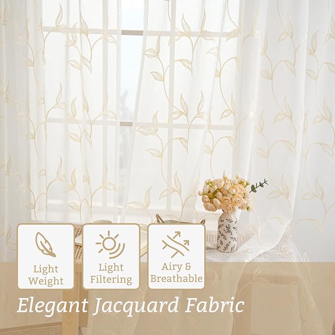 Sheer Curtains Boho Leaf Floral Embroidered Cream Beige 54Wx84L | Light - Image 4