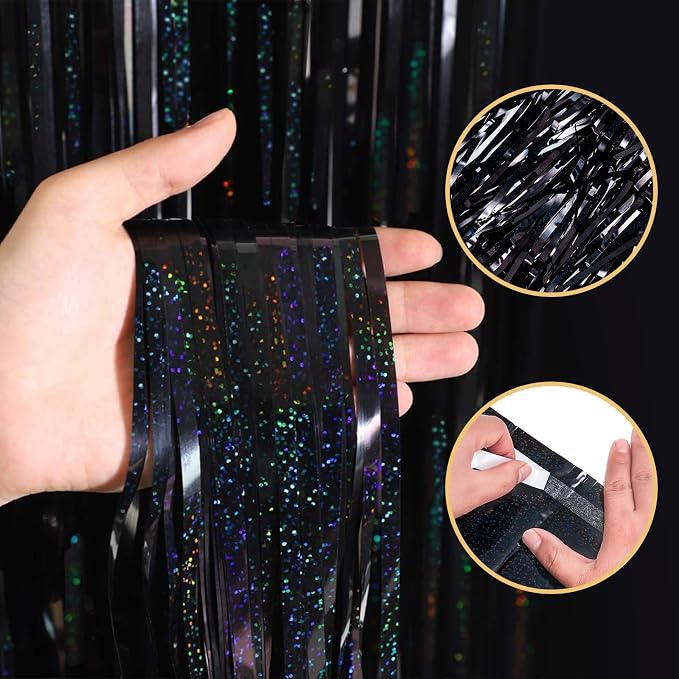 10 Pack Black Foil Curtain Backdrop 3.2ft x 9.8ft Metallic Tinsel Foil Fringe - Image 4