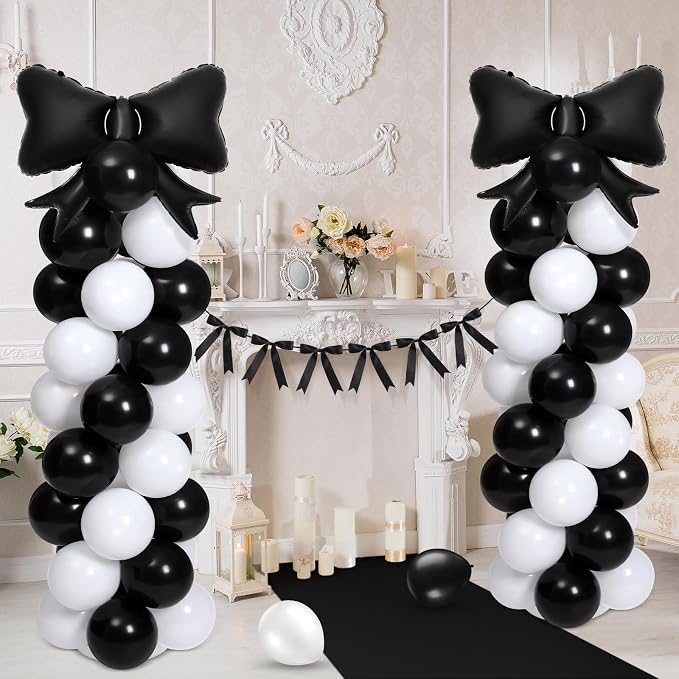 2 Sets Black White Bow Balloon Column Stand Kit Includes 2 Bows & 100 Latex - Image 6