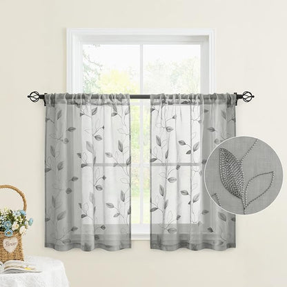 HOMEIDEAS Grey Sheer Kitchen Curtains 30 X 24 Inch Length 2 Panels Embroidered by HOMEIDEAS