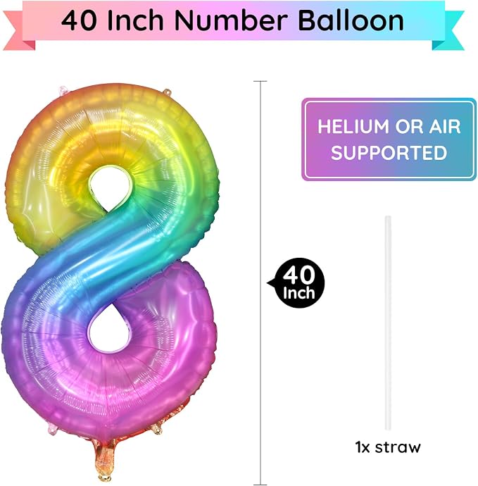 Rainbow Number 8 Balloon, 40 Inch Large Number Foil Mylar Balloons - Image 2