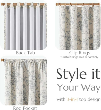 jinchan Grey Floral Linen Blackout Curtains Lined 84 Inch Back Tab 2 Panels | - Image 4