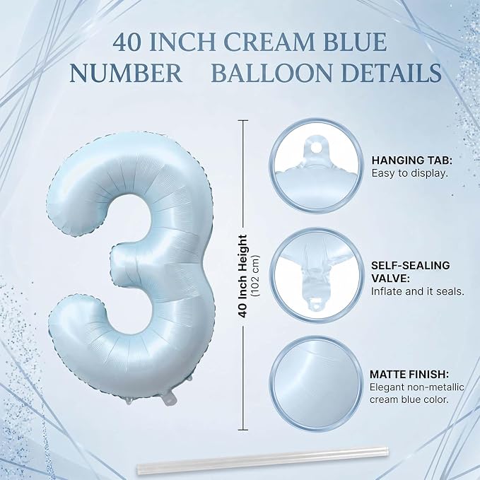 Baby Blue Number 3 Balloon 40 Inch, Sky Pastel Foil Numeral Party Supplies | - Image 4