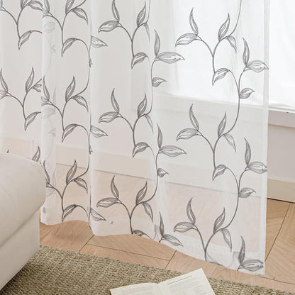 Sheer Kitchen Cafe Curtains Embroidered Leaf Pattern Grey 54x16 | Light - Image 7
