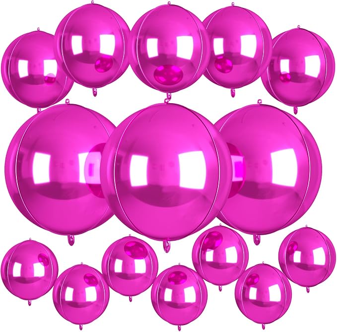 15 Pcs Hot Pink Round Foil Balloons, 22/15/10 Inch 4D Ball Balloons Hot Pink by Sowide