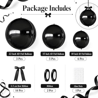 Black Round Foil Balloons with Satin Bows Ribbon - Image 2