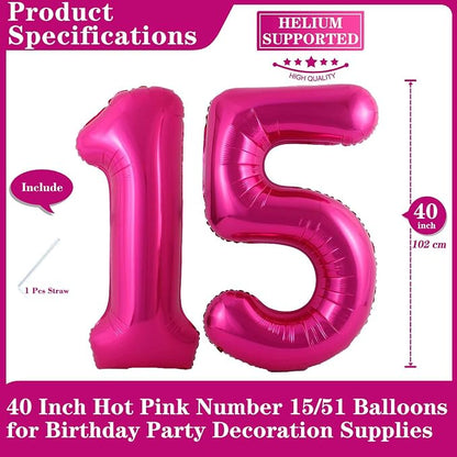 Hot Pink 15 Number Balloons, 40 Inch Giant Number 15 Balloons Foil Mylar Helium - Image 2