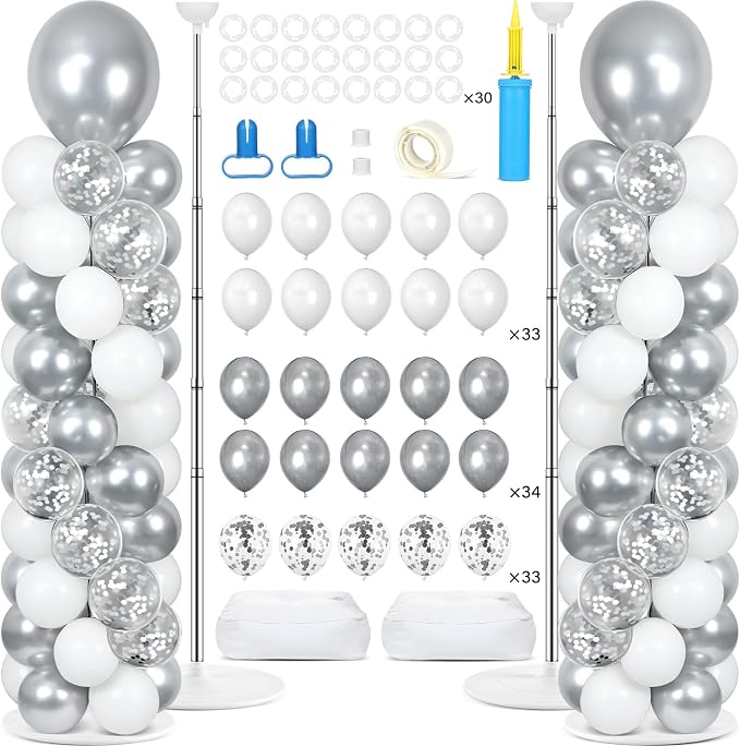 2 Sets Silver and White Balloon Column Stand Kit by Naozinebi