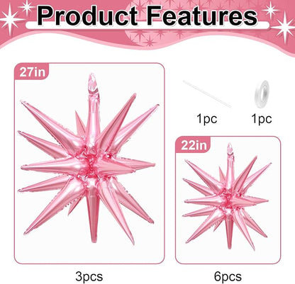 9Pcs Pink Star Balloons, Large Explosion Star Foil Balloons, Metallic Pink - Image 2