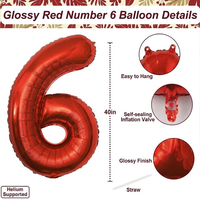 Red Number 6 Balloon 40 Inch, Foil Numeral - Image 4