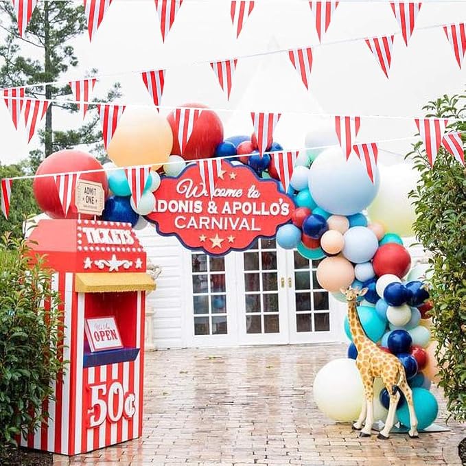 RUBFAC 170ft 120pcs Red White Striped Pennant Banner | Carnival circus string - Image 7