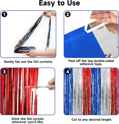 jijAcraft Red White Blue Tinsel Foil Fringe Curtain, 2 Pack 3.2x6.5 Feet - Image 3