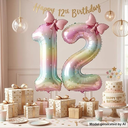 40" Giant Pastel Rainbow Number 12 Balloon Foil Pink Bow Decor Kit | - Image 3