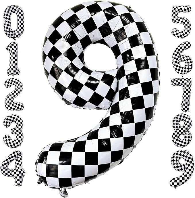 Checkered Number 9 Balloons 40 Inch Giant Race Car Checkered 9 Balloons by LHOAVWE