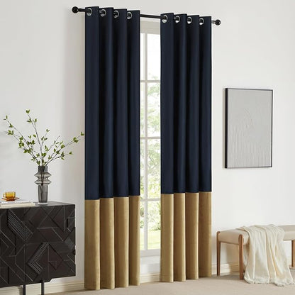 Navy Gold Velvet Blackout Curtains Luxury Decor 63 inches, Color Block | Living - Image 6