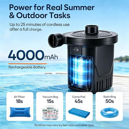 AGPTEK Rechargeable Air Pump, 4000mAh Quick-Fill Inflator Deflator, 3 Nozzles | - Image 3